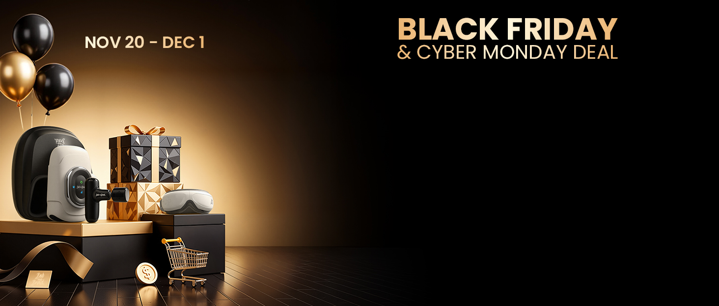 Text reads 'BLACK FRIDAY & CYBER MONDAY DEAL' and 'NOV 20 - DEC 1'. Promotional image with gold balloons and premium products against dark background with dramatic lighting.
