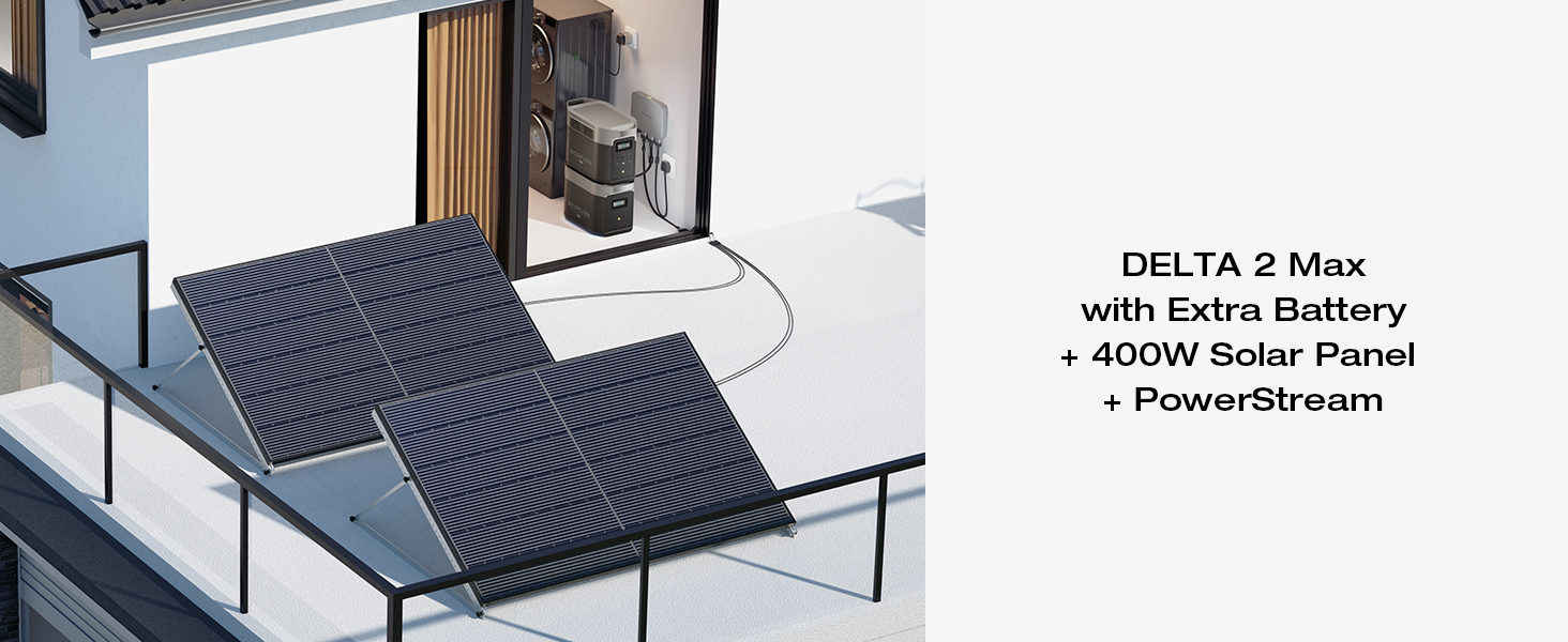Rooftop solar panel installation labeled 'DELTA 2 Max with Extra Battery + 400W Solar Panel + PowerStream', showcasing a large dark panel on a white surface.