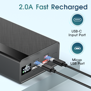 Black charging device with USB-C port and technical specifications, showing 2.0A fast charging capability with connector details.