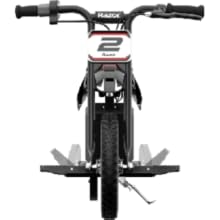 Vélo électrique Razor MX125 de face montrant le cadre de taille enfant sur fond blanc. 