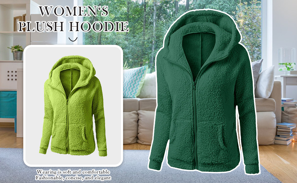 pour femmes aux couleurs vert et citron vert citron. Veste zippée à capuche, poches et texture douce et duveteuse, illustrée sur les photos de produits sur un fond d'intérieur de maison
