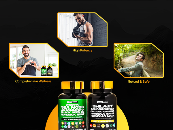 Premium Combo Bundle - Sea Moss 9000mg, Black Seed Oil 6000mg, Ashwagandha 3000mg, Shilajit 12000mg