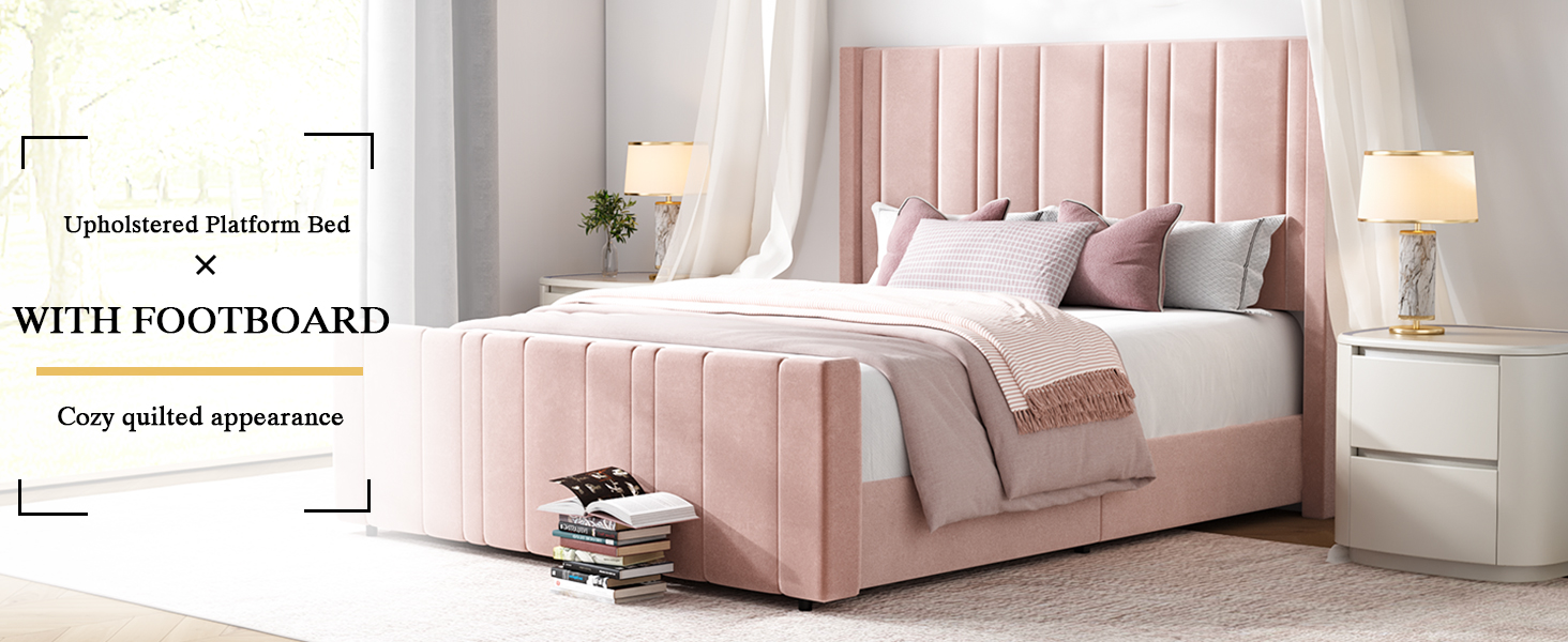 HOMBCK Full Size Bed Frame, Pink Soft Bed Frame with
