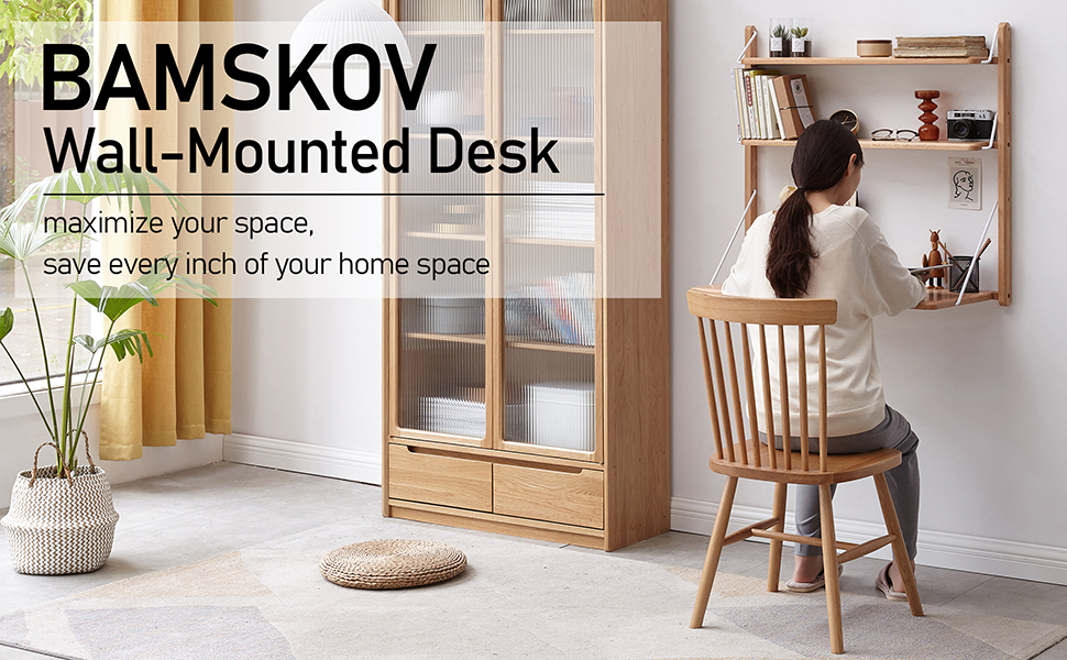 Bamskov Solid Oak Wood Wall Mounted Desk Spacesaving Floating Desk, Versatile