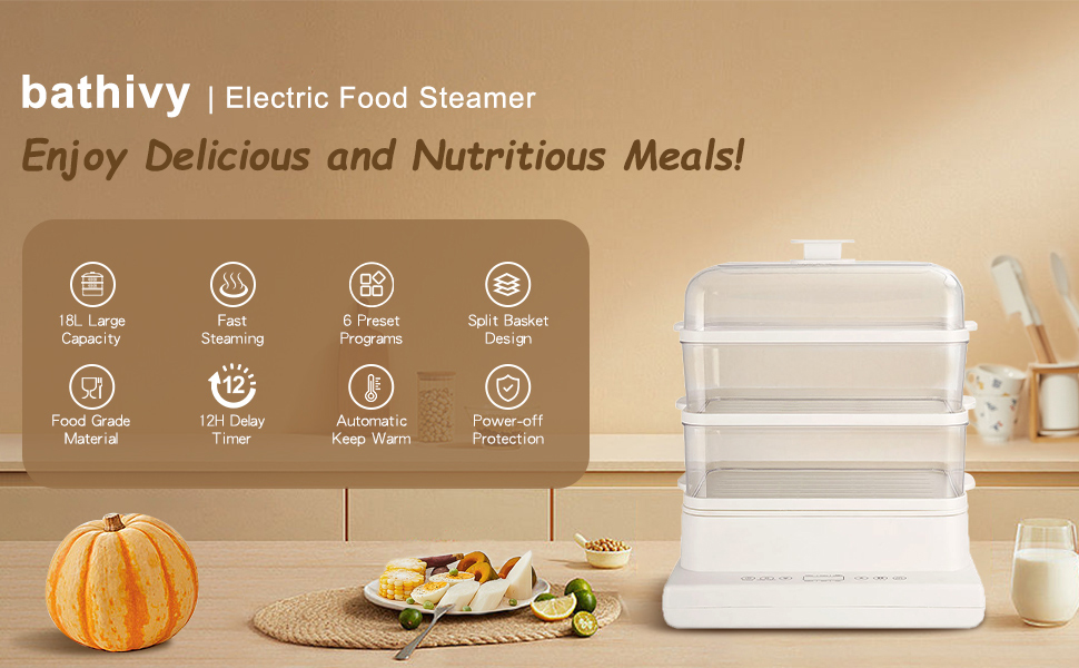 bathivy 19QT Electric Food Steamer for Cooking, 3 Tier Vegetable