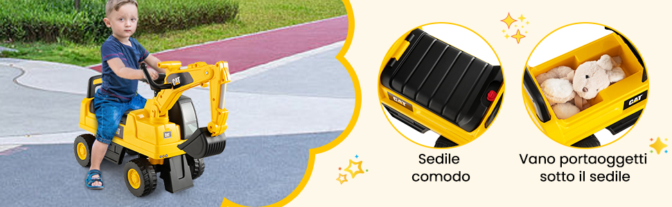Giocattolo giallo per escavatore con comodo sedile e vano portaoggetti sotto il sedile, mostrato in uso su un