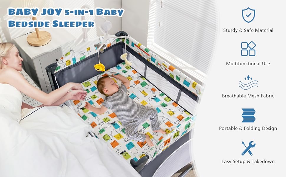 DREAMADE 5 In 1 Lettino Neonato, Culla Da Campeggio Con Fasciatoio E Giocattolo Appeso, Altezza Regolabile In 4 Livelli, Vassoio Portaoggetti, Adatto A Bambini Da 0 A 36 Mesi (Grigio) 12 01