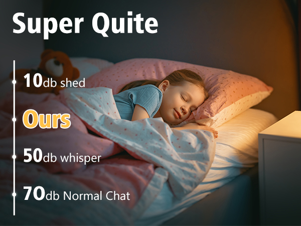 Product advertisement for 'Super Quite' noise reduction technology. Shows child sleeping peacefully. Text displays noise levels: '10db shed', 'Ours 50db whisper', '70db Normal Chat'.
