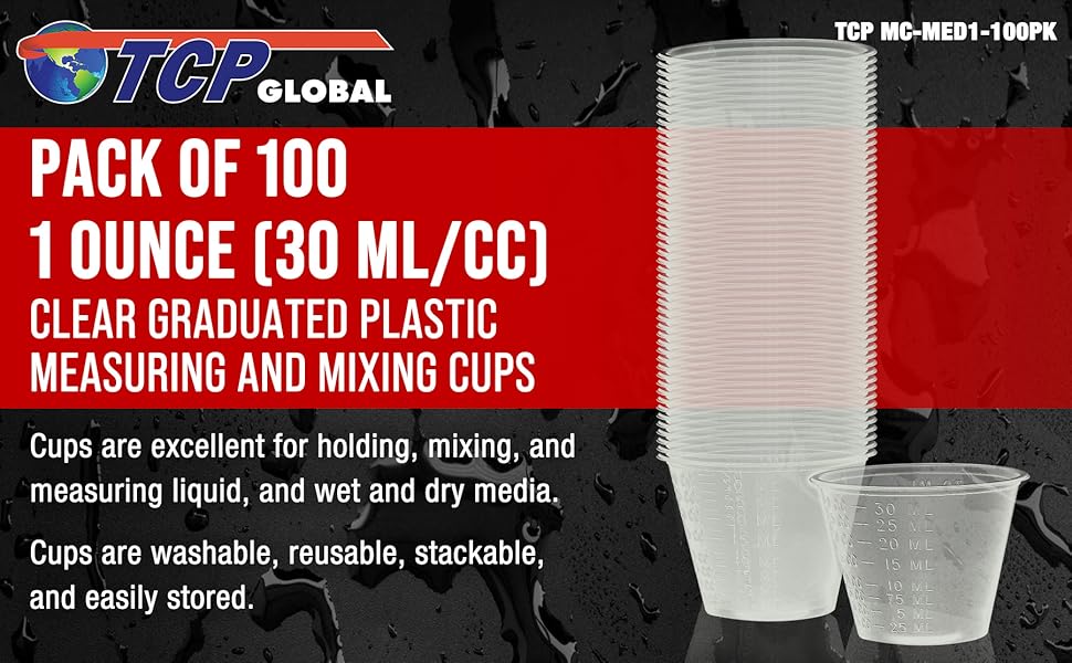 TCP Global Pack of 100, 1 Ounce (30ml) Graduated Plastic