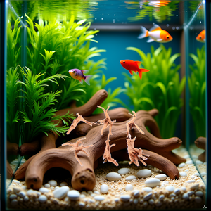 A serene underwater scene with the product nestled among vibrant aquatic plants and colorful pebbles