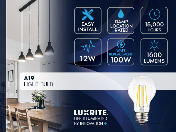 LUXRITE Vintage A19 LED Light Bulbs 100 Watt Equivalent