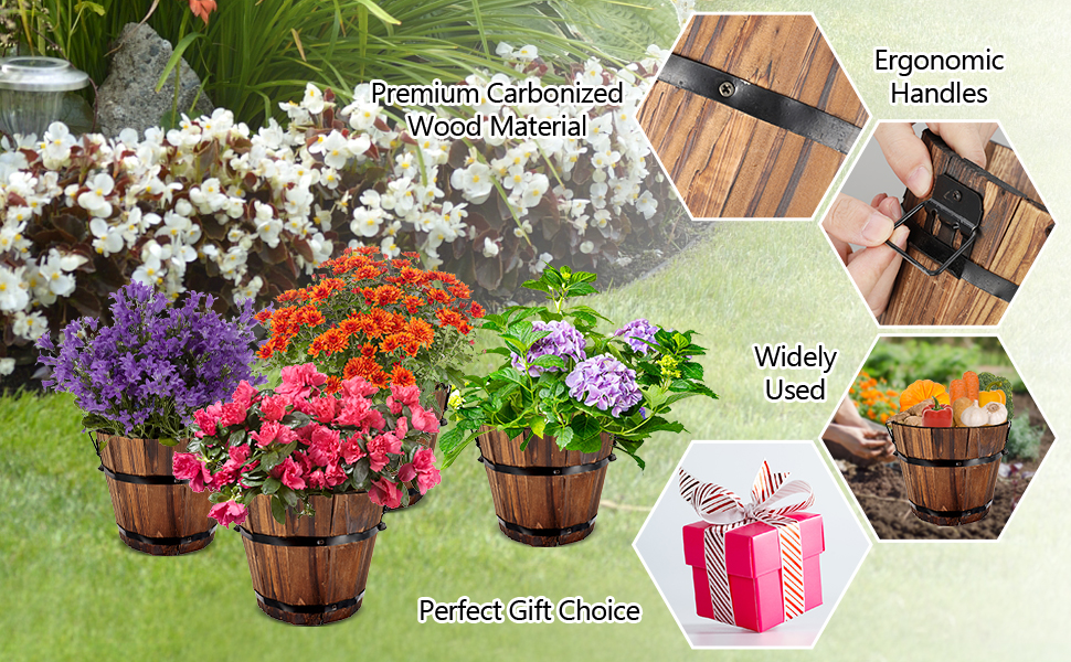Yardwe Wooden Barrel Planter Round Garden Plant Pot Large Whisky Half Barrel Planter