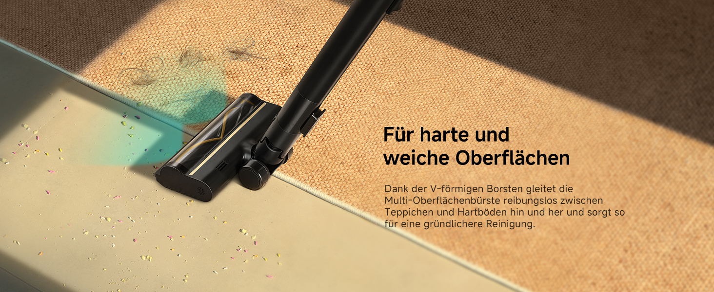 Der Text lautet „Für harte und weiche Oberflächen“. Produktaufnahmen in Nahaufnahme, die Anwendungen mit strukturierten Oberflächen bei warmen Lichtverhältnissen zeigen.