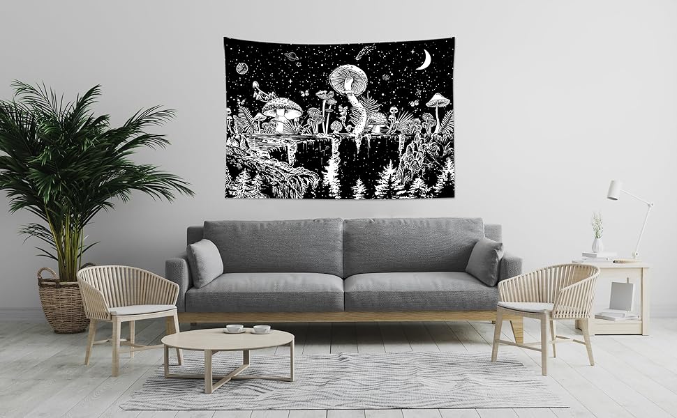 ECOTOB Black White Mushroom Tapestry Moon Mountain Forest