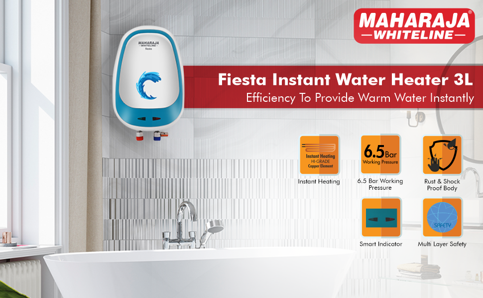 Maharaja Whiteline Fiesta Instant Water Heater 3L 6.5 Bar Working Pressure Copper Element SPN-FOR1