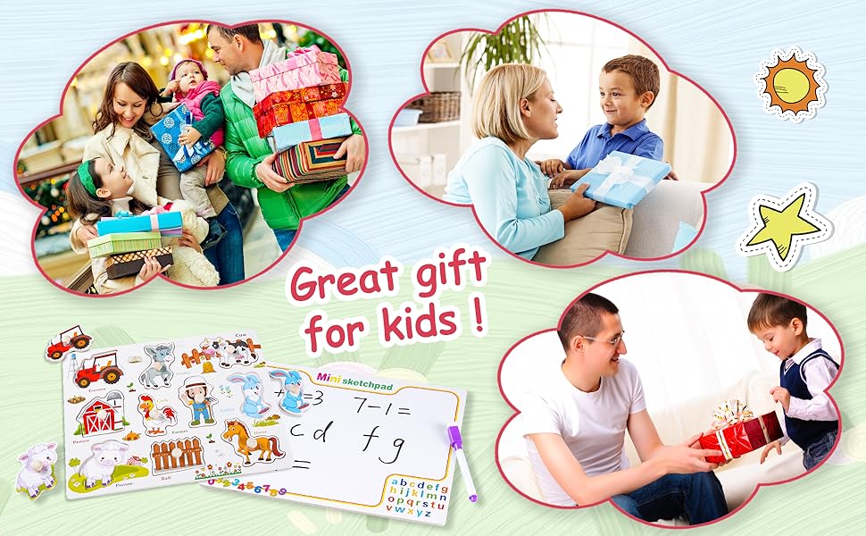 Yilakla Wooden Puzzles & Whiteboard 2 in 1 Toys for 1 Year Old, Yilakla Farm Animals Peg Puzzles