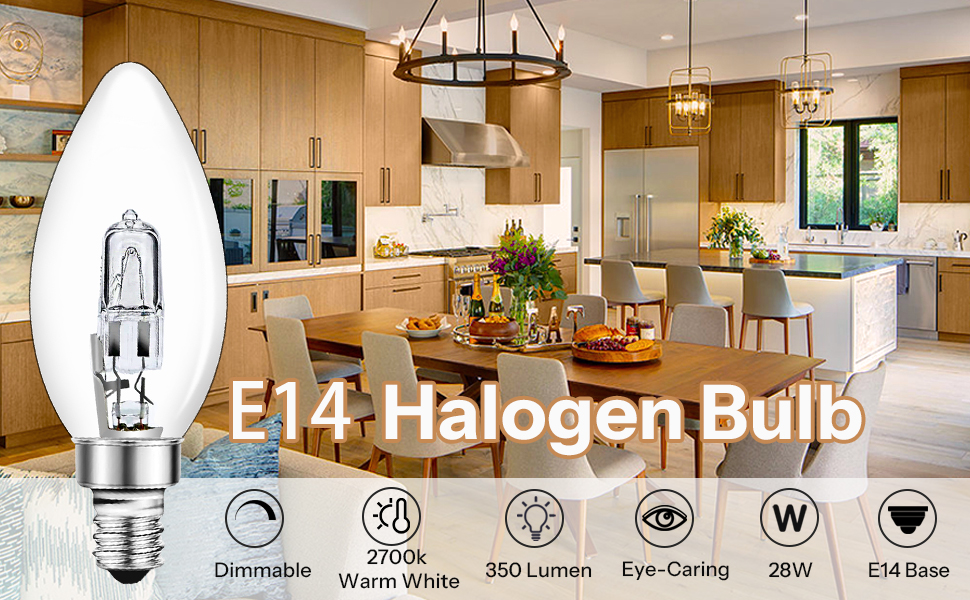 E14 28W Halogen Candle Light Bulbs Dimmable, Clear Glass C35 E14 SES Small Edison Screw Bulb