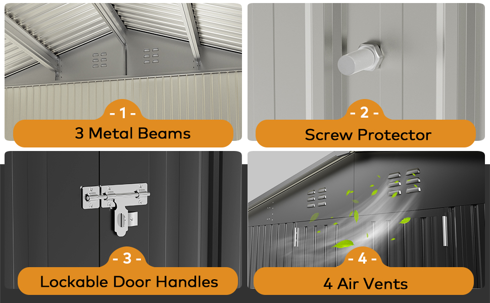 1.Metal Beams;2.Scew Protector;3.Lockable Door Handles;4.Air Vents