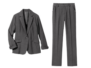 セール！【美品・訳有】【ランバン】スーツ 上下 【日本製】グレー 縦縞 ニッセン スーツ パンツ 大きいサイズ レディース ダブル