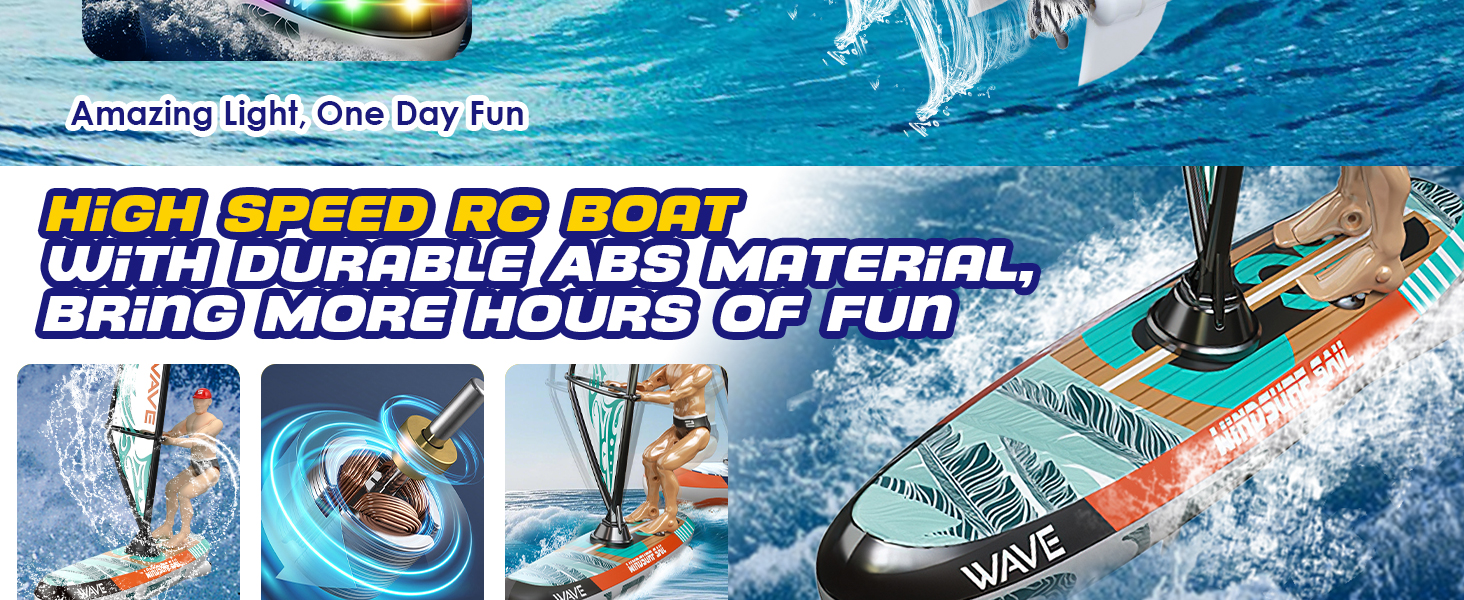 Water sports promotional image showing action shots of surfing or bodyboarding equipment in use on ocean waves, with product details in panels.