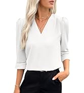 EVALESS Women's 3/4 Sleeve Tops Dressy Casual Pleated V Neck Business Work Blouses Office Shirts