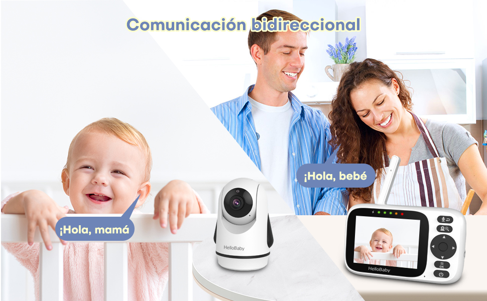 Sistema de monitor para bebés con unidad de cámara y pantalla para padres. Muestra al bebé en la cuna y a los padres viendo la pantalla del monitor.