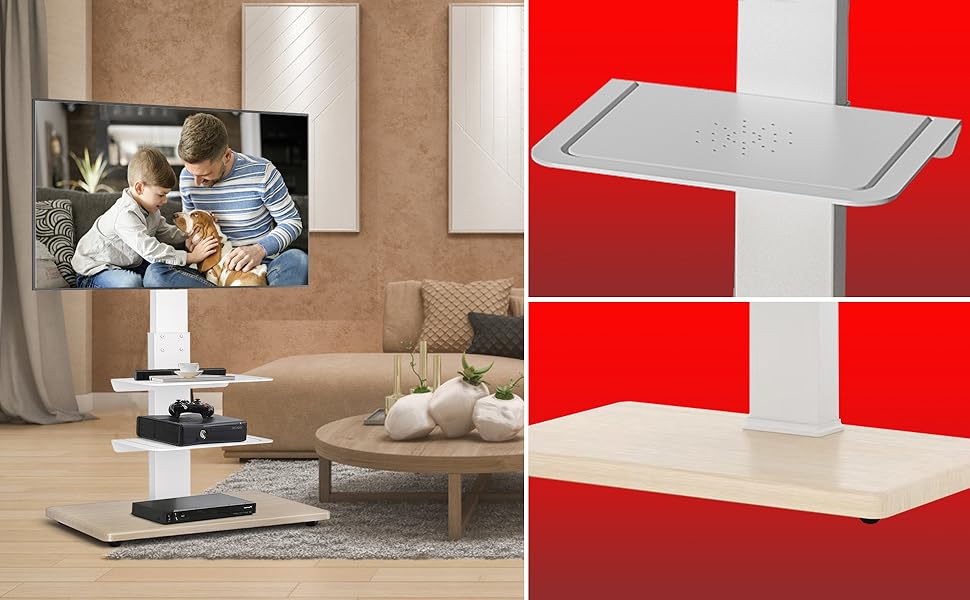 YOMT TV Floor Stand with Wood Base,Upgraded Universal White