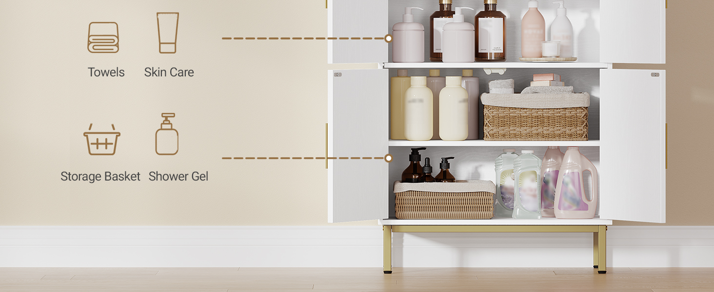 Geteiltes Bild mit Symbolen für die Aufbewahrungsorganisation auf der linken Seite und einem weißen Badezimmerregal mit verschiedenen Behältern und Toilettenartikeln auf der rechten Seite