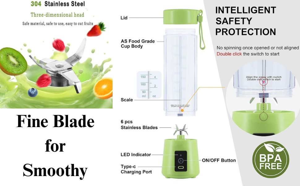 Portable juicer with fine stainless steel blades for smooth blending intelligent safety protection