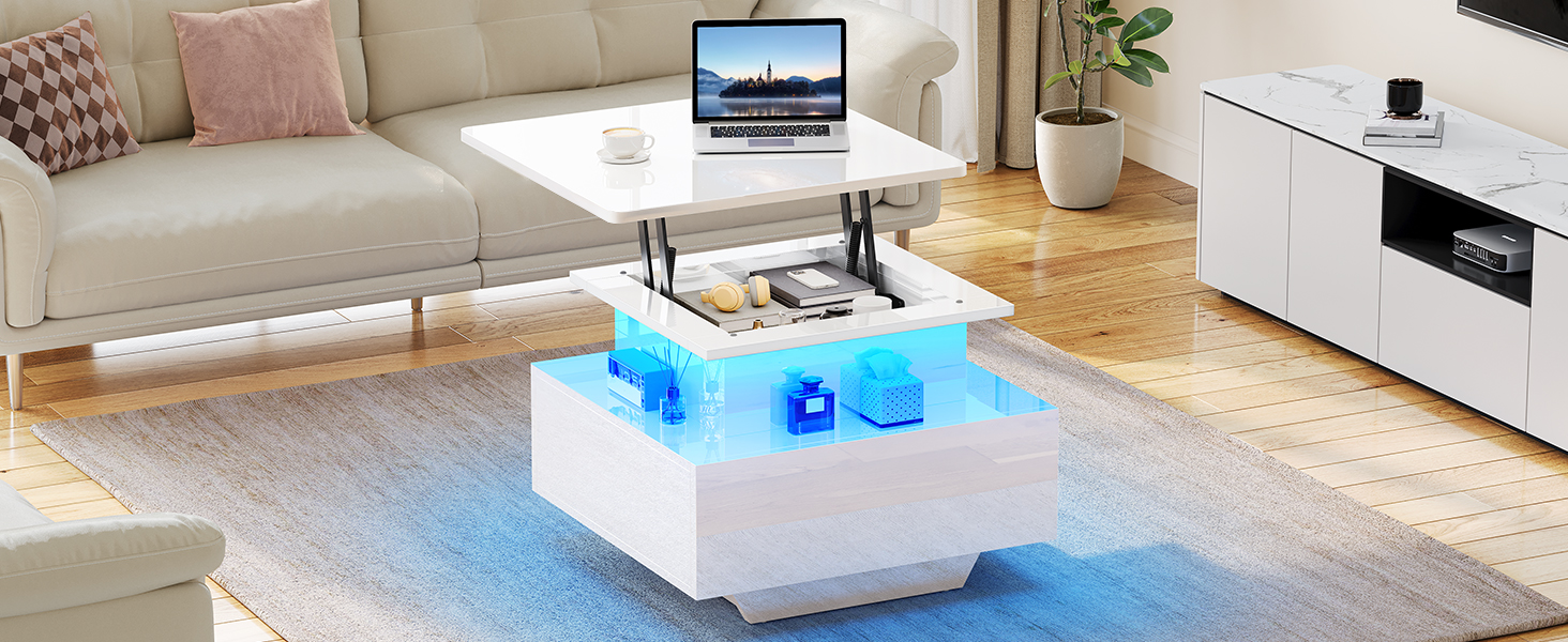 Bilderserie, die einen Roboterstaubsauger mit blauen LED-Leuchten zeigt, der in einer modernen Inneneinrichtung mit weißen Böden und Möbeln funktioniert.