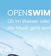 Der Text lautet „OPENSWIM“, „Ob im Wasser oder“, „Die Musik geht weiter“, „Humoristische persoonlijkheidsexpression“. Blauer Werbehintergrund mit Produkttext-Overlay.