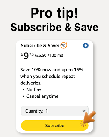 Text reads: 'Pro tip! Subscribe & Save' '$9.75 (16.50/100 ml)' 'Save 15% now and up to 15% when you schedule repeat deliveries' 'No fees' 'Cancel anytime' 'Quantity: 1' 'Subscribe'. Mobile interface showing subscription offer details.