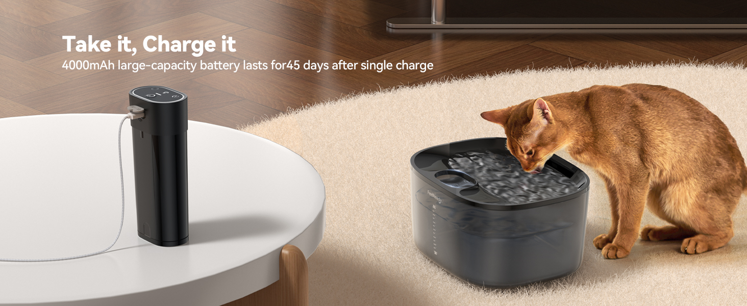 Save 50 Cleaning time,Wireless Cat Water Fountain Battery Operated, 4000mAh Pet Water Fountain