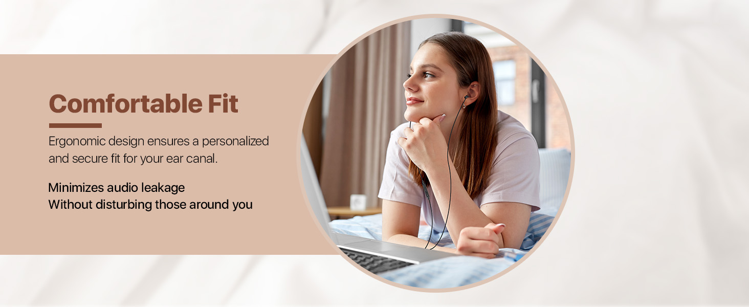 Woman sitting at desk with laptop, looking thoughtful. Text overlay reads 'Comfortable Fit' with additional product benefits listed.