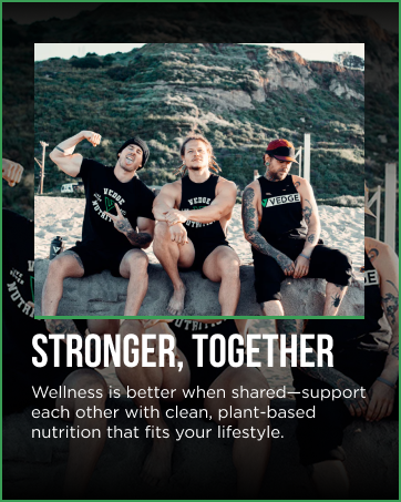 Group of vegan athletes promoting plant-based supplements for strength and wellness