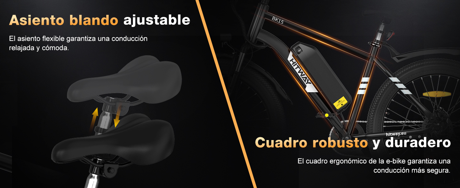 El texto dice «Asiento blando ajustable» y «Cuadro robusto y duradero». Diagrama del producto que muestra las especificaciones técnicas de lo que parece ser un mueble o equipo con las piezas etiquetadas.