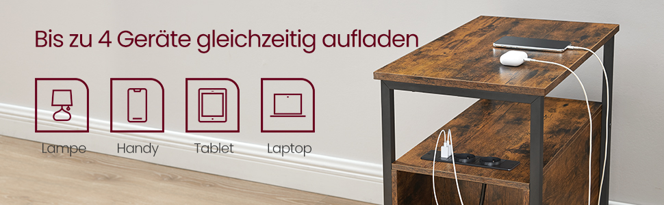 Fából készült dohányzóasztal beépített töltőportokkal. A szimbólumok azt jelzik, hogy több eszköz is tölthető egyszerre: laptop, tablet, telefon és lámpa.