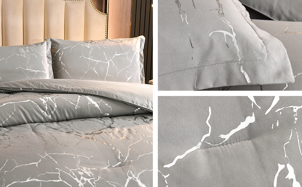 Holawakaka Silver Metallic Marble Comforter Set King Size