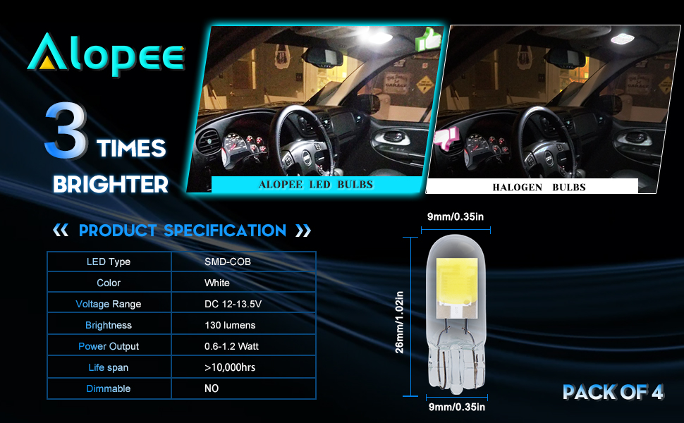 Alopee 4pcs C921 Led RV Bulb Bright White 6500K T 10 Led