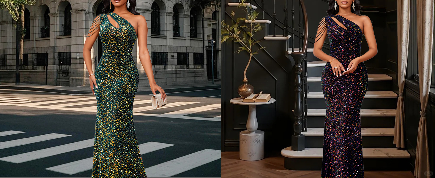 Cololura Women Sequin Elegant Sexy Formal Cocktail Evening Dress