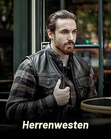 Der Text lautet „Herrenwesten“. Schwarze Lederweste, die über einem karierten Hemd getragen wird. Fotografiert im Freien mit verschwommenem Hintergrund.
