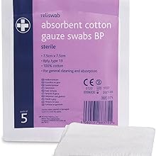 Reliswab absorbent cotton gauze swabs. Sterile, 7.5cm x 7.5cm, 8-ply, 100% cotton. Package contains 5 swabs for medical use.