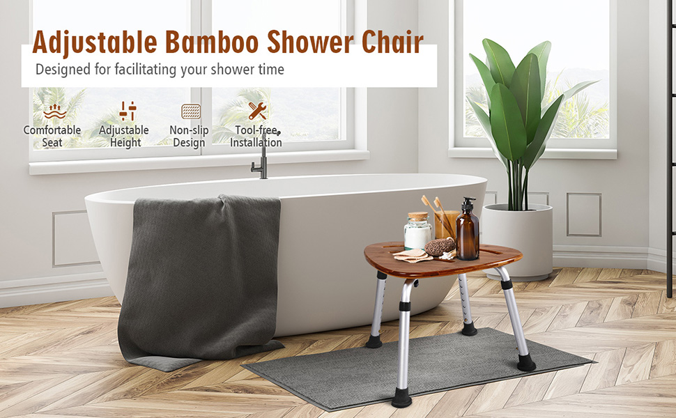 Giantex Shower Stool Bamboo Bath Seat, Shower Chair with 8
