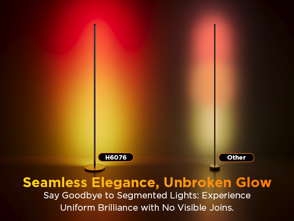 Text reads 'Start' and 'Glow'. Side-by-side lighting comparison showing warm yellow illumination levels from dim to bright.