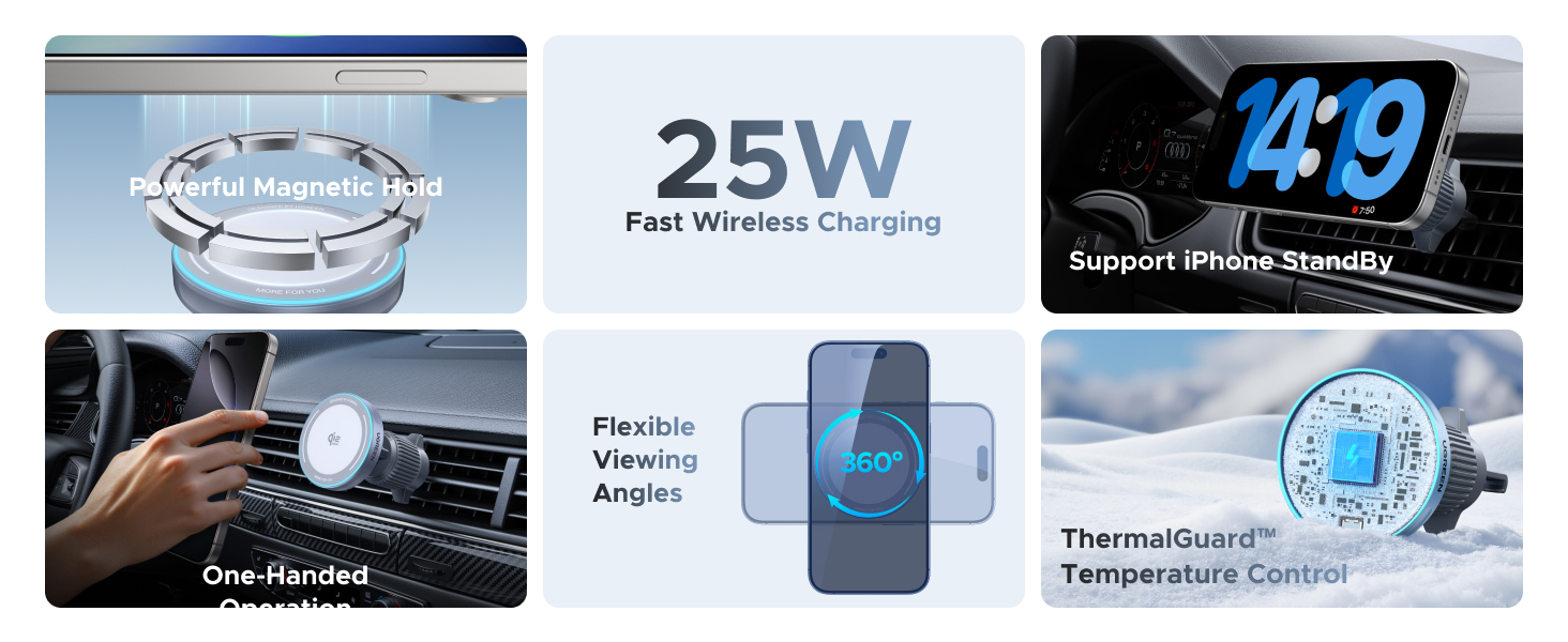Text reads '25W'. Multiple product images showing a wireless charging device with blue digital display, demonstrating phone charging functionality on desk or bedside settings.
