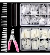 Yokilly 1000PCS Coffin Nail Tips, Clear Natural False Acrylic Nail Tips, Half Cover 10 Sizes Fren...