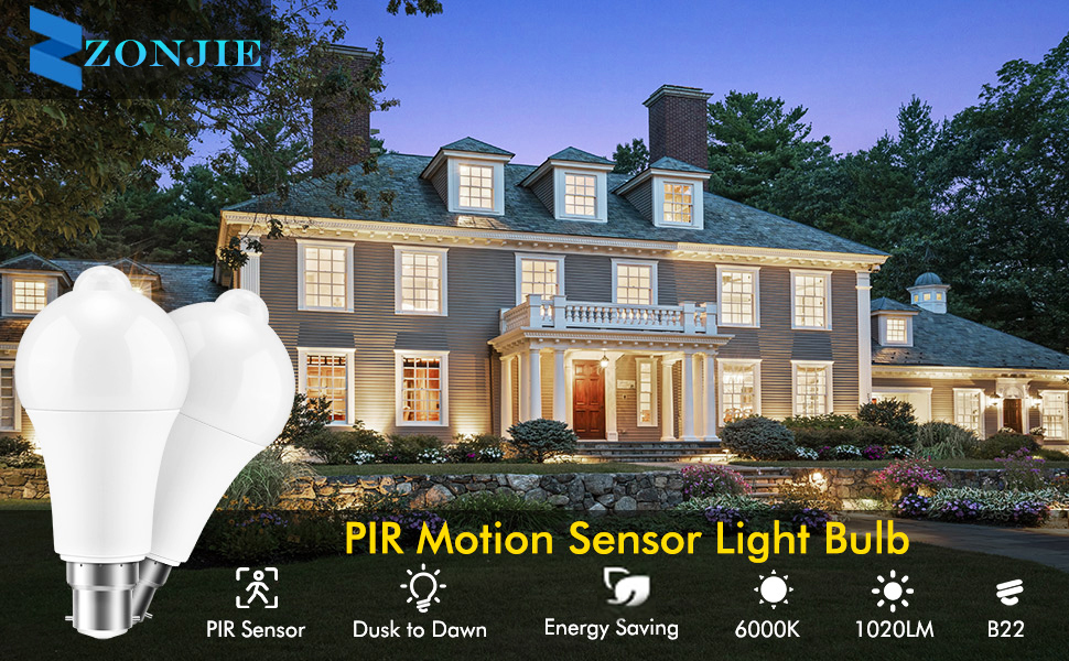 ZONJIE PIR Motion Sensor LED Bulb 2 Pack B22 Sensor Bulb 12W