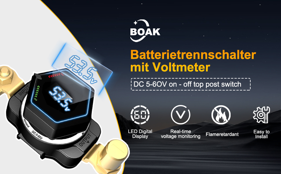 BOAK battery disconnect switch with voltmeter. Hexagonal digital display, real-time voltage monitoring, flame-retardant. DC 5-60V on-off top post switch. Easy to install.