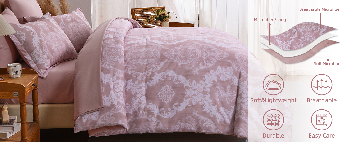 WONGS BEDDING Comforter Set King Size, Pink Damask Texture