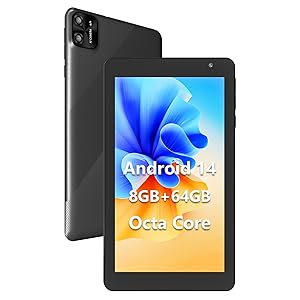 Black Android tablet featuring 8GB+64GB storage, Octa Core processor, and Android 14 system, shown from front and back views.
